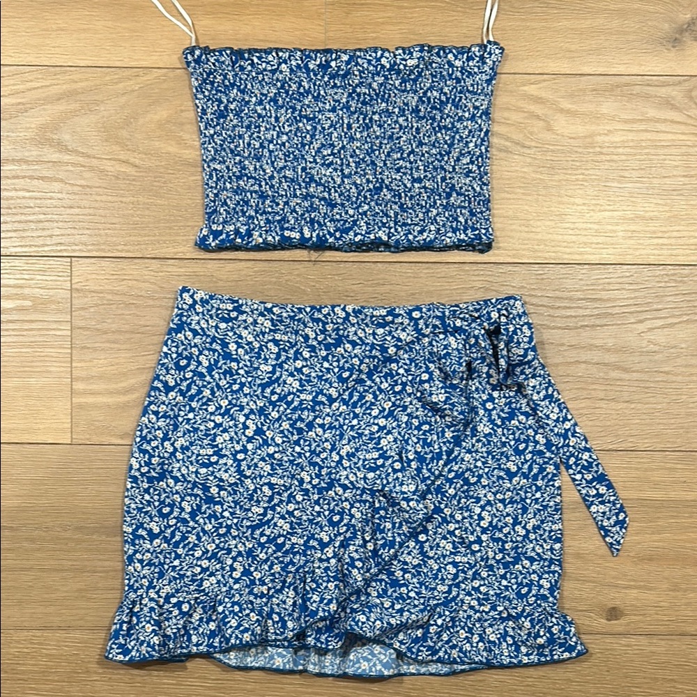 SHEIN Blue and White Wrap Mini Skirt Set